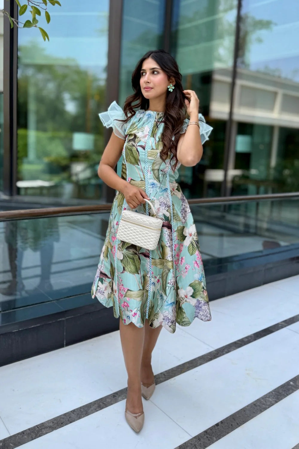 Tanvi in Felicia Scalloped Midi Dress